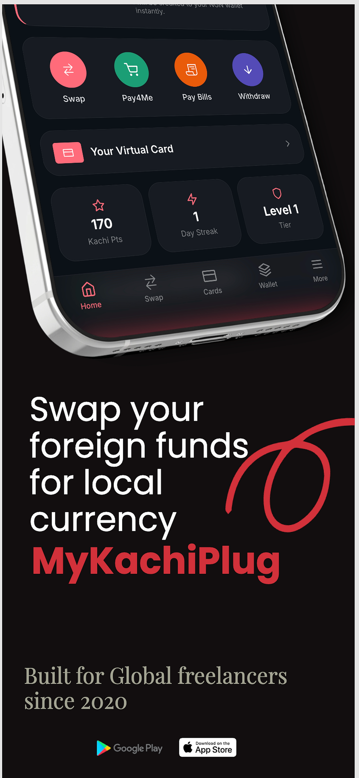 KachiPlug home screen with Swap, Pay4Me, Pay Bills, and Withdraw quick actions