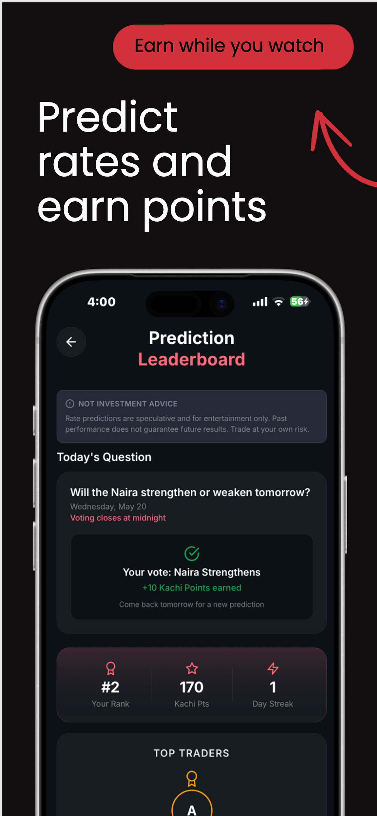 Daily rate predictions and Kachi Points leaderboard inside the KachiPlug app