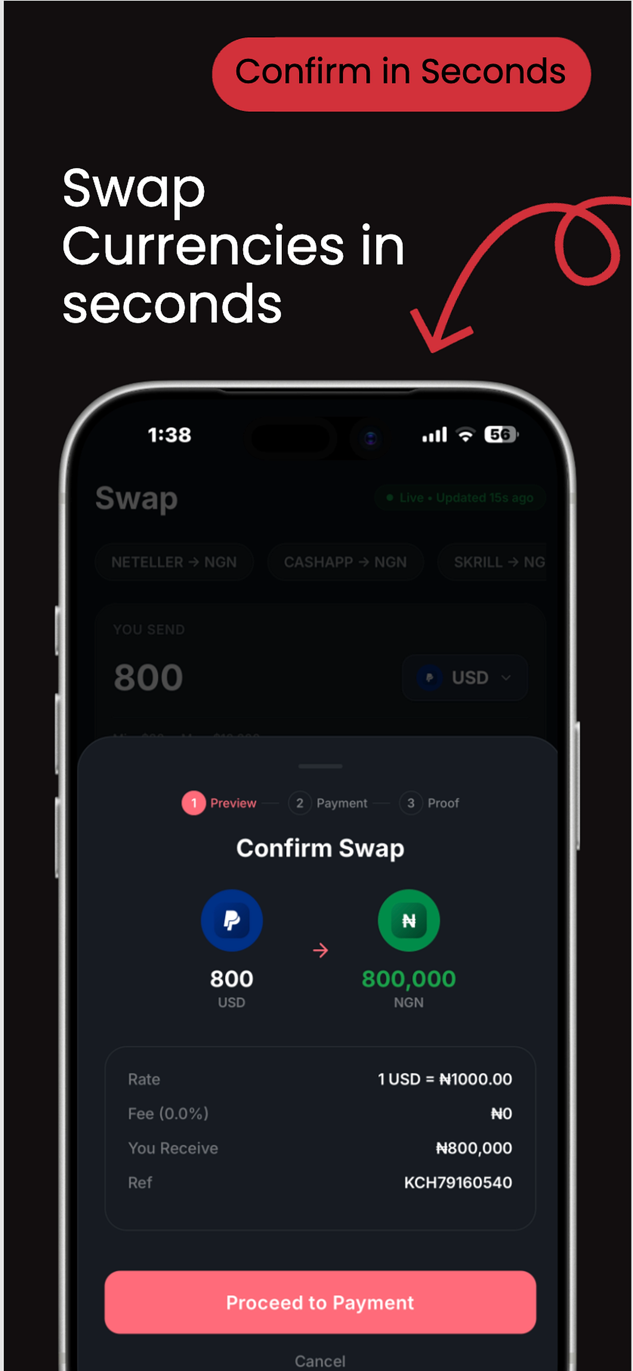 Swap confirmation showing live USD-to-Naira rate and zero fee
