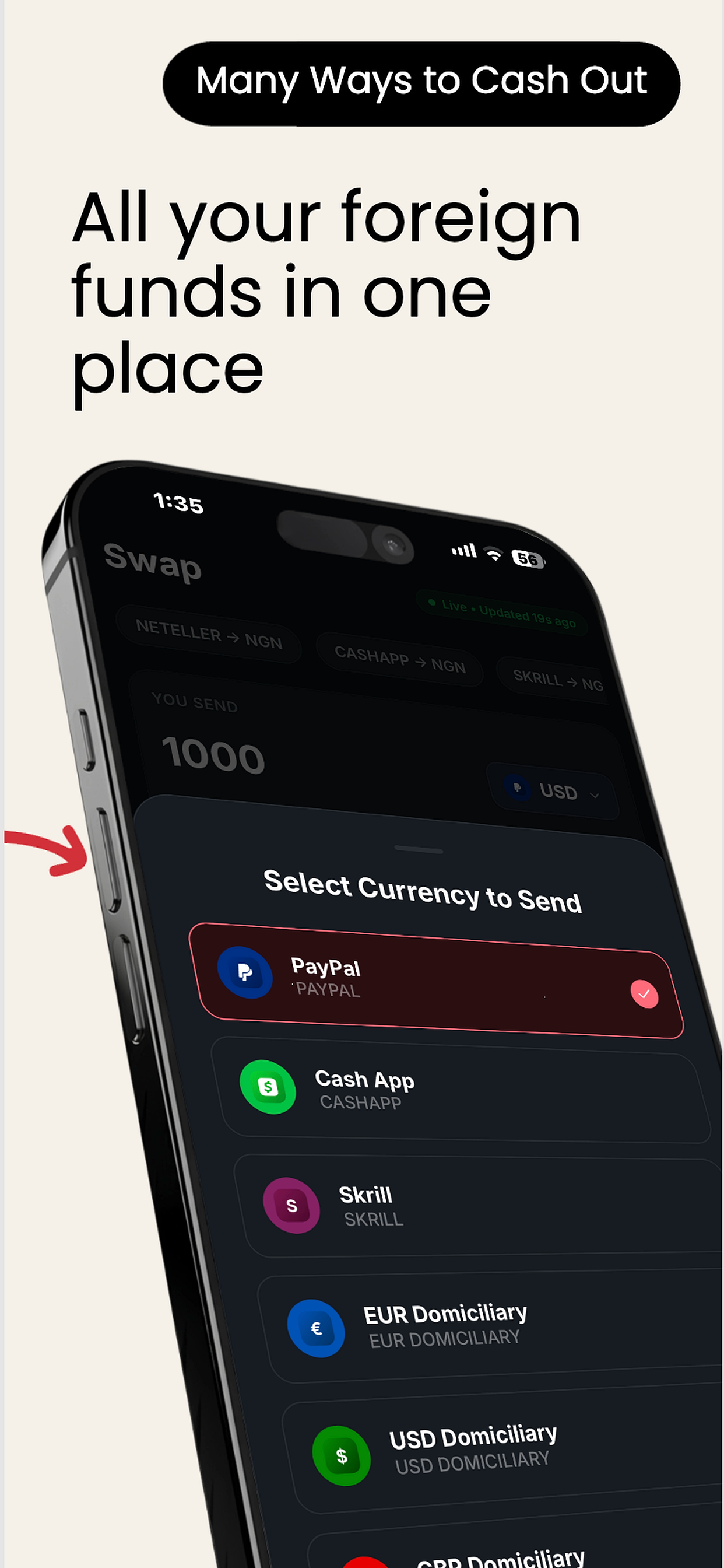 Swap source wallets — PayPal, Cash App, Skrill, EUR Domiciliary, USD Domiciliary
